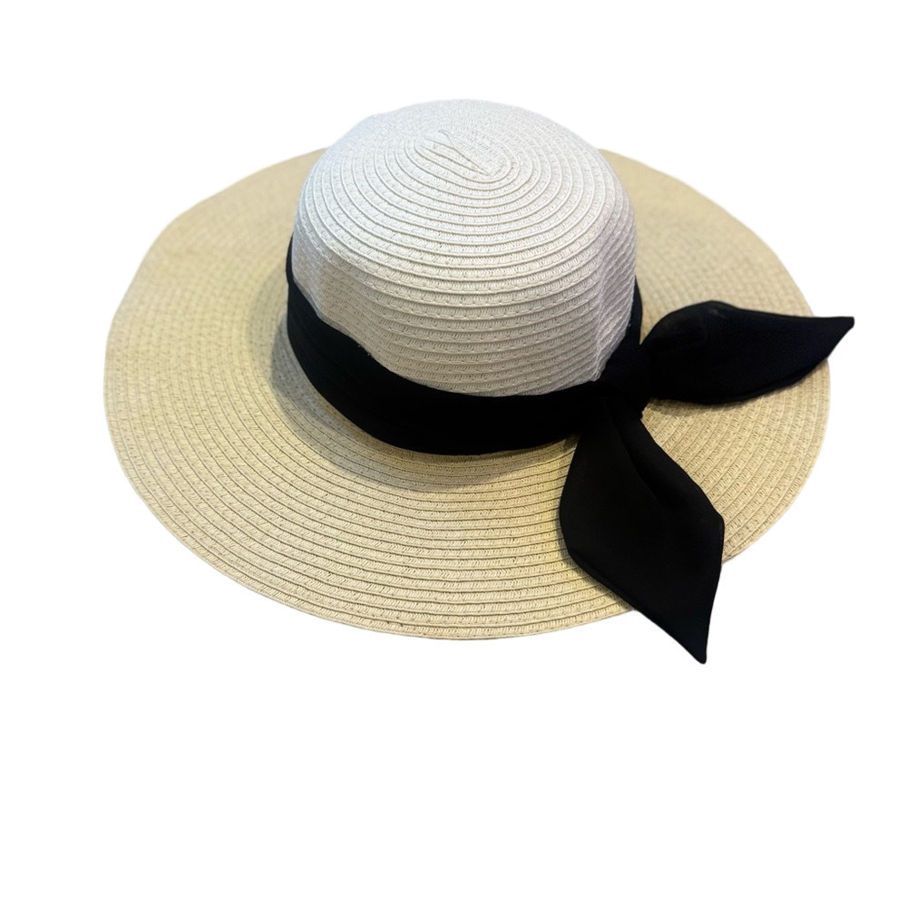 Saks Fifth Avenue Cream and Black Ribbon Hat